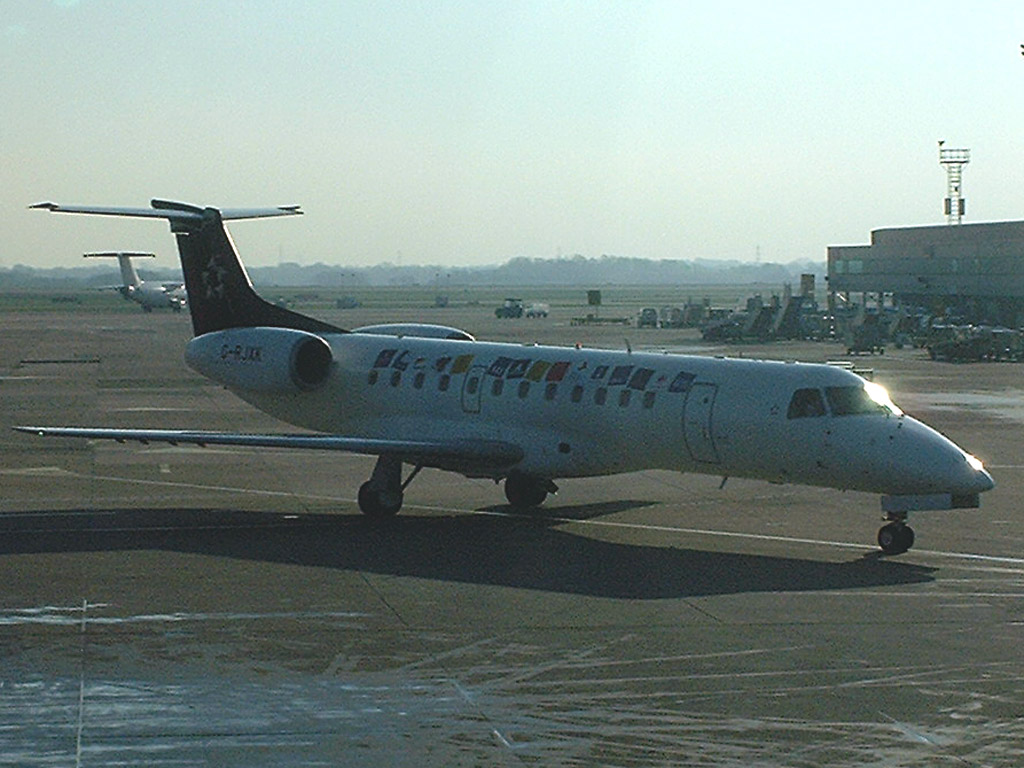 17 February 2003 (1444) bmi G-RJXK coming onto Stand 1 at MAN